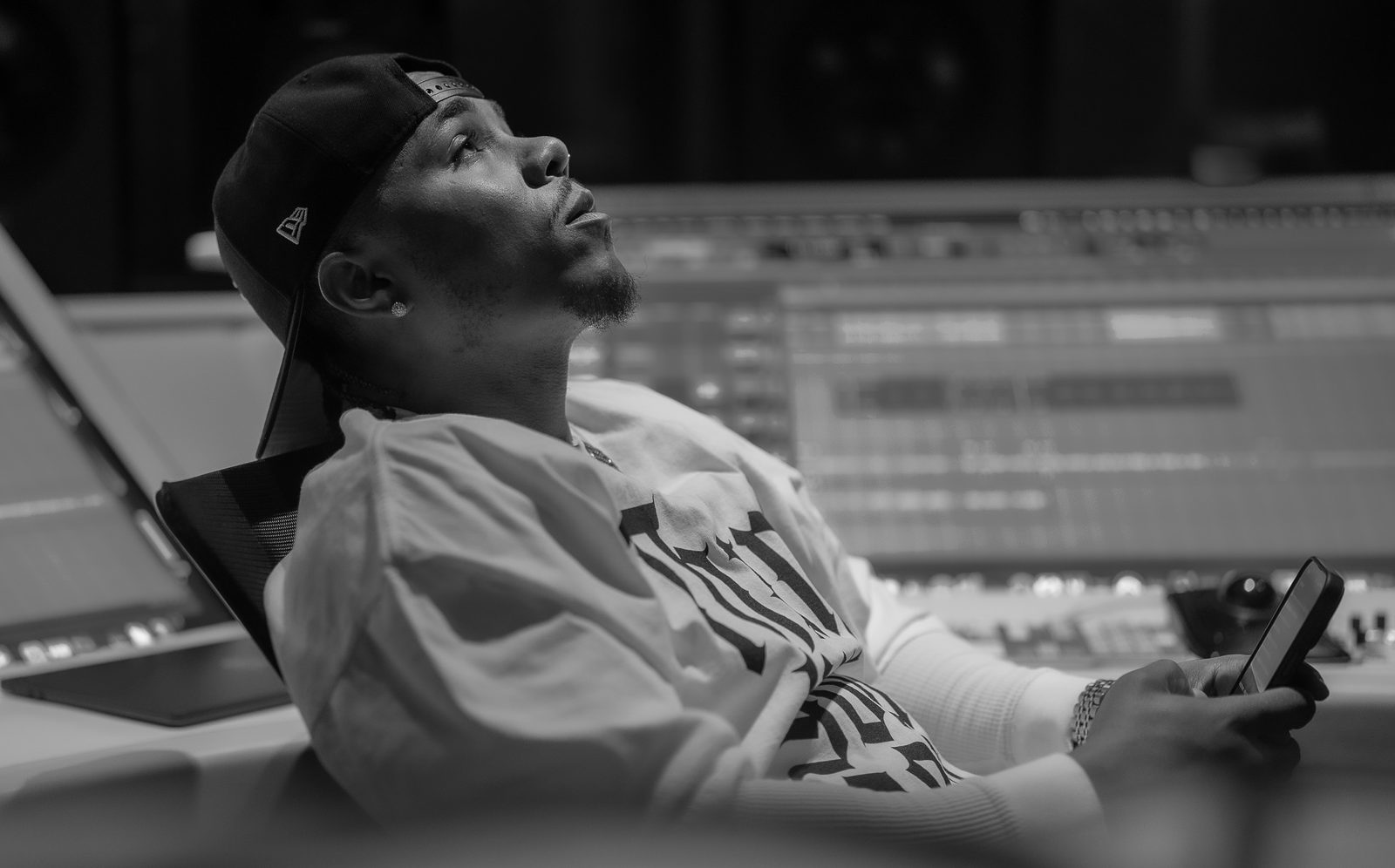 J-Keeth in the studio — black and white portrait